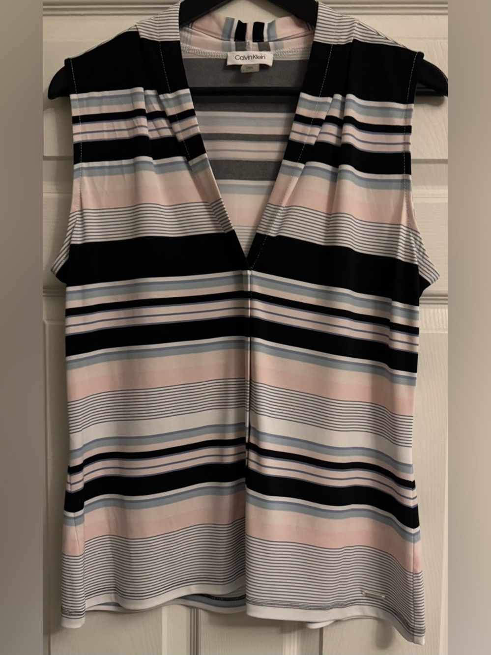 Calvin Klein Sleeveless V-Neck Striped Camisole - Black, Pink & Light Blue